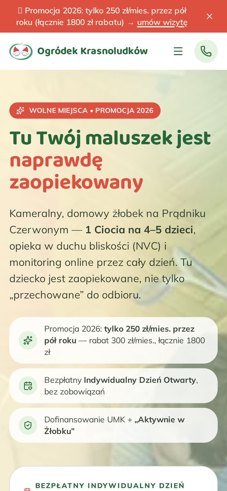 Strona Krasnoludkowy Ogródek na ekranie telefonu
