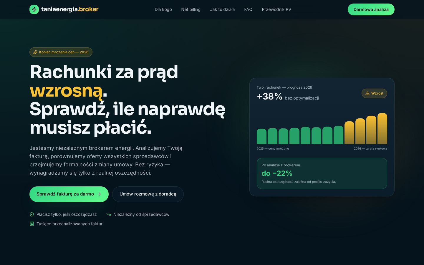 Strona Tania Energia Broker na ekranie komputera