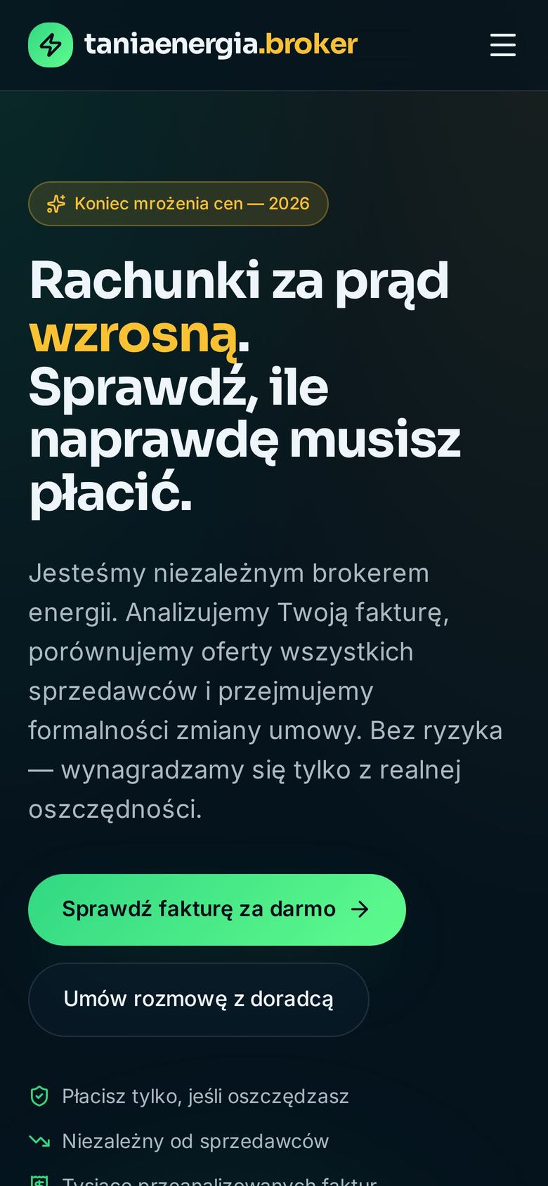 Strona Tania Energia Broker na ekranie telefonu