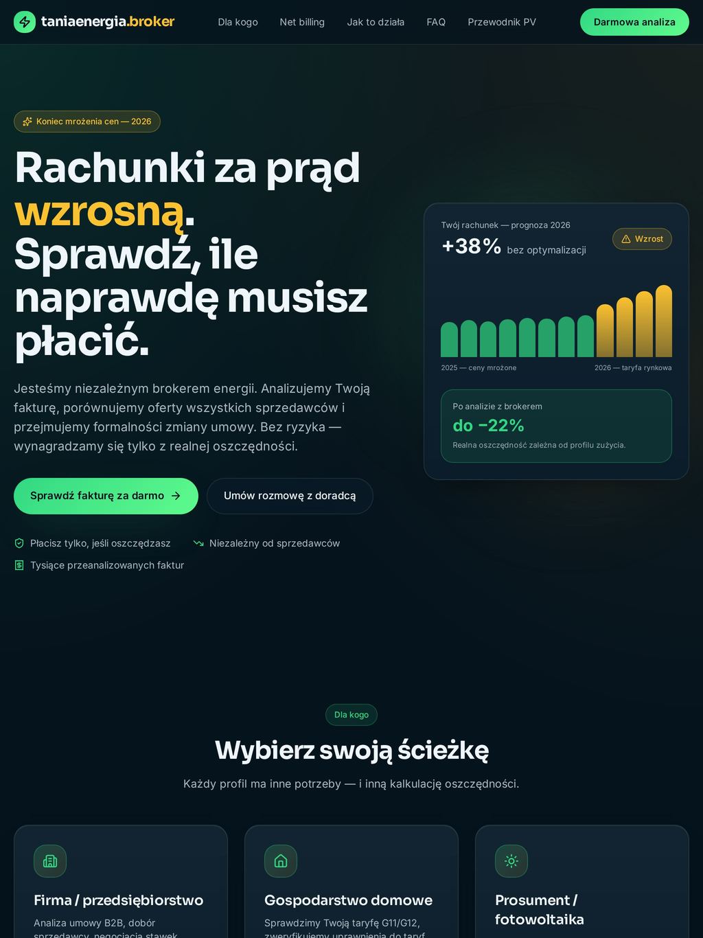 Strona Tania Energia Broker na ekranie tabletu